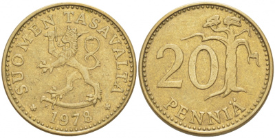 ФИНЛЯНДИЯ 20 ПЕННИ 1978 K KM 47 алюминиевая бронза 3718-637