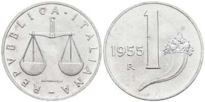 Италия 1 лира 1955 R, весы KM 91 алюминий  UNC  4594-739