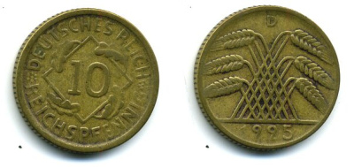 ГЕРМАНИЯ 10 РЕЙХСПФЕННИГОВ 1925 D KM 40, J.317 алюминиевая бронза 56-951