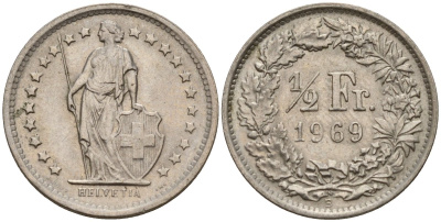 Швейцария 1/2 франка 1969 B KM 23a медно-никель 4189-439