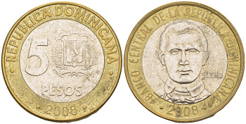 Доминиканская республика 5 песо 2008 Санчес KM 89 биметалл 4541-1131