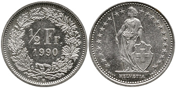 ШВЕЙЦАРИЯ 1/2 ФРАНКА 1990 В KM 23а.3 медно-никель 4528-565
