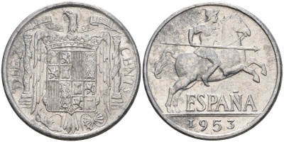 Испания 10 сентимо 1953 Франсиско Франко (1939-1975) KM 766 алюминий 4604-523