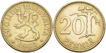 ФИНЛЯНДИЯ 20 ПЕННИ 1963 S KM 47 алюминиевая бронза 210-827
