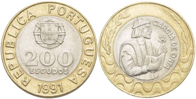 Португалия 200 эскудо 1991 Гарсия Де Орта (1501-1568) KM 655 биметалл 4542-944