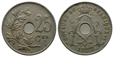 Бельгия 25 сантимов 1922 Belgique KM 68.1 медно-никель 259-822