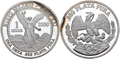 МЕКСИКА 1 УНЦИЯ ND 2000 ГОД, МИЛЛЕНИУМ, НАЧАЛО XXI ВЕКА, БОГИНЯ ПОБЕДЫ НИКА, С ВЕНКОМ, ДИАМЕТР 39 ММ., ВЕС 1 ТРОЙСКАЯ УНЦИЯ серебро PROOF 00-00