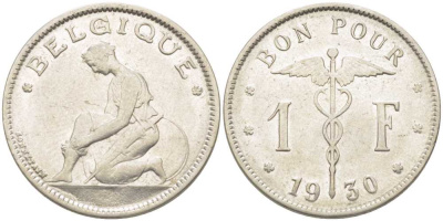 БЕЛЬГИЯ 1 ФРАНК 1930 BELGIQUE, АЛЬБЕРТ I (1909-1934) KM 89 никель 202-917
