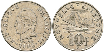 Французская Новая Каледония 10 франков 2008 рыбачья парусная лодка, (IEOM) KM 11a, Schoen 13a, Lec 99k медно-никель 60-717