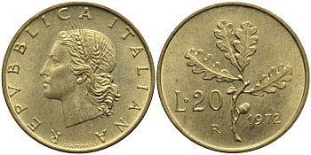 Италия 20 лир 1972 R, дубовая ветвь KM 97.2 алюминиевая бронза 4171-915