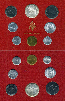 Ватикан набор из 8 монет 1968 1, 2, 5, 10, 20, 50, 100, 500 лир, в оригинальном буклете KM MS72 серебро UNC 8-1-01-15