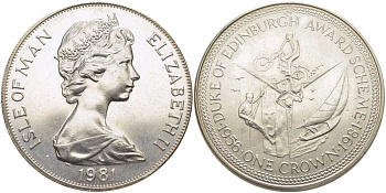 Остров Мэн 1 крона 1981 приз герцога Эдинбургского, мотоспорт, яхтинг, скалолазание КМ 76 медно-никель UNC 107-621