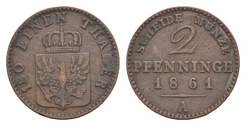 Пруссия 2 пфеннига 1861 A, Вильгельм I (1861-1888) KM 481, Jaeger 51, AKS 107, Olding 425 медь 4651-235