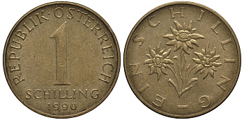 АВСТРИЯ 1 ШИЛЛИНГ 1990 KM 2886 алюминиевая бронза 4182-326