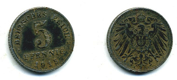 ГЕРМАНИЯ 5 ПФЕННИГОВ 1915 A, KM 19, J. 297 железо 54-415