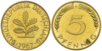 ФРГ 5 пфеннигов 1967 G KM 107, J. 382 сталь плакированная латунью PROOF 1094-7-22