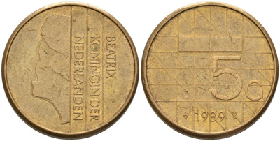 Нидерланды 5 гульденов 1989 Беатрикс (1980-2013) KM 210 никель плакированный бронзой 4572-845