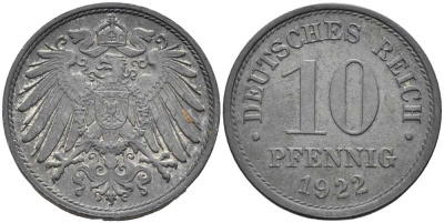 ГЕРМАНИЯ 10 ПФЕННИГОВ 1922 KM 26, J. 299 цинк 4401-217