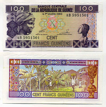 ГВИНЕЯ 100 ФРАНКОВ 1985 Pick 30а бумага UNC (ПРЕСС) 8589-37-3-2