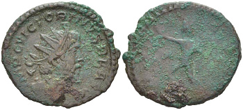 Римская Империя, императоры в Галлии антониниан 269 - 271 Викторин, IMP C VICTORINVS P F AVG, бюст императора / INVICTVS, бог Соль, Колония Агриппины (Кельн) RIC 114 биллон 1073-20-33