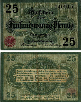 ОСНАБРЮК 25 ПФЕННИГОВ 1917 1 МАЯ 1917, НОТГЕЛЬД, ЗЕМЛЯ НИЖНЯЯ САКСОНИЯ Keller О26.1с бумага 6318-9-1-2