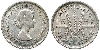 Австралия 3 пенса 1957 m, Елизавета II (1953-) KM 57 серебро 71-533