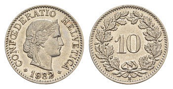 Швейцария 10 раппенов 1932 B KM 27 медно-никель 4643-341