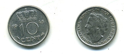 Нидерланды 10 центов 1948 Вильгельмина (1895-1948) KM 177 никель 54-1132