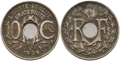 Франция 10 сантимов 1924 KM 866a, Le Franc 138.3 медно-никель 4143-933