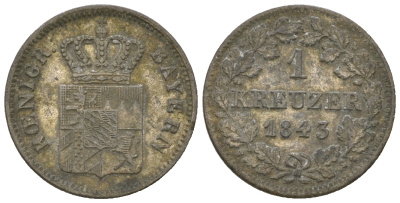 Бавария 1 крейцер 1843 Людвиг I (1825-1848) KM 422, AKS 88 серебро 4615-1221