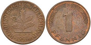ФРГ 1 пфенниг 1994 D KM 105, J. 380 сталь плакированная медью    4598-712