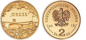 Польша 2 злотых 2012 MW, серия суда польского флота, подводная лодка "Орел" KM 837 нордик UNC M3-16