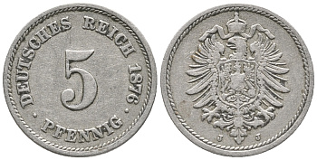 ГЕРМАНИЯ 5 ПФЕННИГОВ 1876 J, СТАРОГЕРБОВКА KM 3, J. 3 медно-никель 100-921