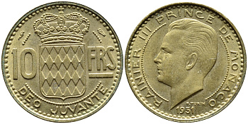 Монако 10 франков 1951 Ренье III (1949-2005) KM 130 алюминиевая бронза 4391-1031