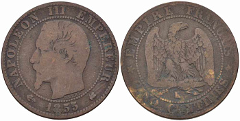 ФРАНЦИЯ 5 САНТИМОВ 1855 K, НАПОЛЕОН III (1852-1870) KM 777.5, LE FRANC 116.25 бронза 108-322