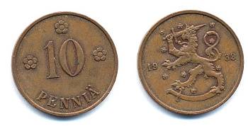 Финляндия 10 пенни 1938 KM 24 медь 51-5645