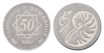 Италия, Даманхура 50 кали 1989 Федерация Даманхура — это коммуна, экопоселение и духовное сообщество, расположенное в регионе Пьемонт на севере Италии, примерно в 50 км к северу от города Турин. Монета является платежным средством данной коммуны X 25 медн