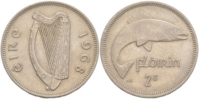 Ирландия 1 флорин = 2 шиллинга 1968 лосось KM 15а медно-никель 3855-1212