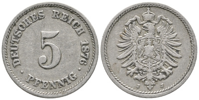 ГЕРМАНИЯ 5 ПФЕННИГОВ 1876 J, СТАРОГЕРБОВКА KM 3, J. 3 медно-никель 100-921