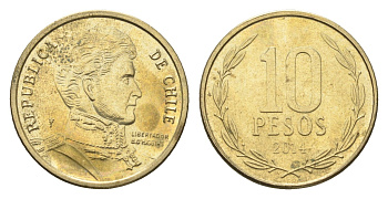 Чили 10 песо 2014 KM 228 никель латунь 4664-441