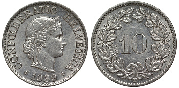 Швейцария 10 раппенов 1939 в KM 27 медно-никель 4128-717