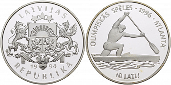 Латвия 10 латов 1994 XXVI летние Олимпийские игры в Атланте 1996 год, гребля на каноэ KM 24 серебро PROOF 04-174-32