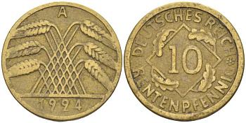 ГЕРМАНИЯ 10 РЕНТЕНПФЕННИГОВ 1924 A KM 33, J. 309, Weege 8 алюминиевая бронза 212-753