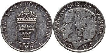 Швеция 1 крона 1999 Карл XVI Густав (1973- ) KM 852a медно-никель 4385-1026