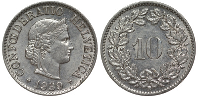 Швейцария 10 раппенов 1939 в KM 27 медно-никель 4128-717