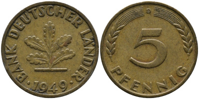 ФРГ 5 ПФЕННИГОВ 1949 D KM 102, J. 377 сталь плакированная латунью 33-156