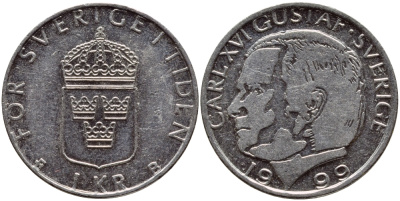 Швеция 1 крона 1999 Карл XVI Густав (1973- ) KM 852a медно-никель 4385-1026