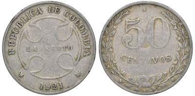 Колумбия 50 сентаво 1921 государственный лепрозорий KM L13 медно-никель 53-934