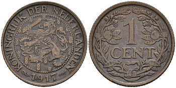 Нидерланды 1 цент 1917 Вильгельмина (1890-1948) KM 152 бронза 4576-721