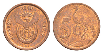 ЮАР 5 центов 2010 герб, райский журавль KM 493 сталь плакированная медью aUNC 4621-734